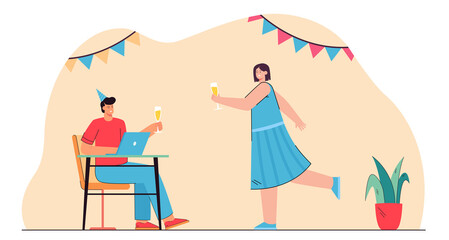 New Year or Christmas home party of happy couple. Man and woman with wine glasses flat vector illustration. Winter holiday celebration at home concept for banner, website design or landing web page
