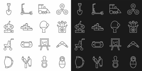 Set line Tumbler doll toy, Boomerang, Jack in the box, Toy train, building block bricks, Robot, Shovel and Racket and ball icon. Vector
