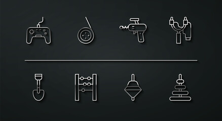 Set line Gamepad, Shovel toy, Slingshot, Whirligig, Abacus, Yoyo, Pyramid and Ray gun icon. Vector