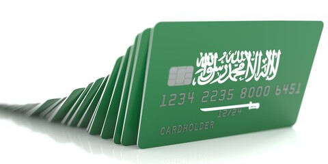 Line of fallen credit cards with flags of Saudi Arabia on white background, 3d rendering