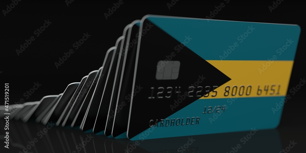 Poster domino effect, fallen credit cards with flags of bahamas. fictional data on card mockups. banking co