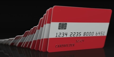 Domino effect, many falling credit cards with flag of Austria, fictional data on card mockups. Financial crisis related 3d rendering