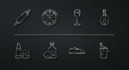 Set line Rolling pin, Lipstick, Mandolin, Men shoes, Limoncello bottle, Pizza, Bottle of wine bucket and Wine glass icon. Vector