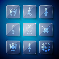 Set line Shield, Medieval sword, Round wooden shield, Dagger, Location king crown, with and Crossed medieval icon. Vector