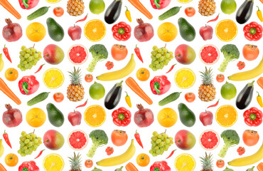 Big seamless pattern from bright healthy fruits and vegetables isolated on white