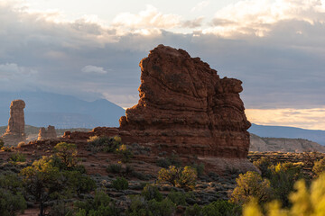 Beautiful golden hour views of the desert landscape in Arches National Park, Utah