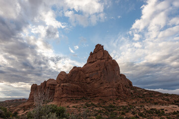 Rock formations and dramatic sky in the Utah desert, Arches National Park, American southwest