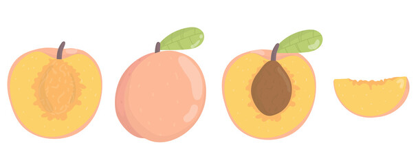 Set peach. Bright set of colorful half, slice and whole of juicy peach.