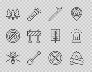 Set line Electricity spark, Campfire, Metal pike pole, Fire shovel, Forest, Road barrier, No match and Ringing alarm bell icon. Vector