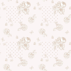 Roses, butterflies and polka dots seamless pattern vector illustration. Shabby chic contour patterns. For home textiles, apparel, packaging, home decor, wallpaper and promotional materials.