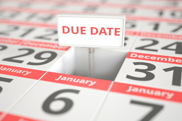 DUE DATE sign on December 30 in a calendar, conceptual 3d rendering