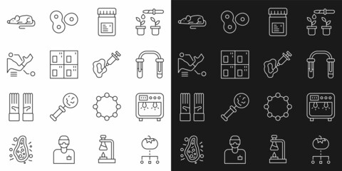 Set line Genetically modified food, Biosafety box, Test tube and flask, Jar with additives, Periodic table, Prosthesis hand, Experimental mouse and Syringe icon. Vector