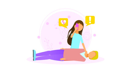 Abstract Flat Woman Girl Calls For Help On The Phone To A Lying Person First Aid Cartoon People Character Concept Illustration Vector Design Style