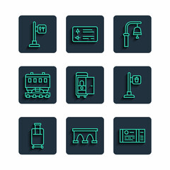 Set line Suitcase, Bridge for train, Train ticket, station bell, Toilet the car, Passenger cars, Cafe and restaurant location and icon. Vector