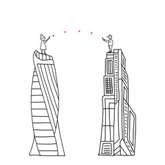 naked man and a woman stay on the skyscraper and bring hearts for each other/ Vector illusrtation