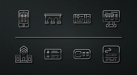 Set line Buy train ticket online, Railway station, Ticket office to buy tickets, Electrical outlet, Road traffic signpost, Bridge for, Smoking area and Train icon. Vector