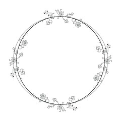 Abstract Black Simple Line Round Circle With Leaf Leaves Frame Flowers Doodle Outline Element Vector Design Style Sketch Isolated Illustration For Wedding And Banner