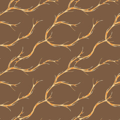 Watercolor seamless pattern of dry tree branches. Hand drawn illustration on beige background. Natural design of fabric, wrapper, wallpaper.