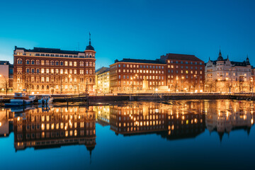 Helsinki, Finland. View Of Pohjoisranta Street In Evening Or Night Illumination