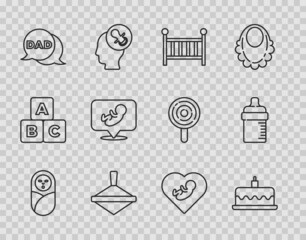 Set line Newborn baby infant swaddled, Cake with burning candles, Baby crib cradle, Whirligig toy, Speech bubble dad, inside heart and bottle icon. Vector