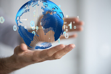 Communication technology global world network concept. Connection lines Around Earth Globe, Motion of digital data flow