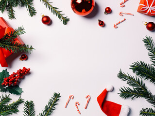 Creative frame layout made with Christmas gifts, pine tree and candy canes on bright white background. Minimal New Year season concept. Xmas advertisement with empty copy space. Top view, flat lay.