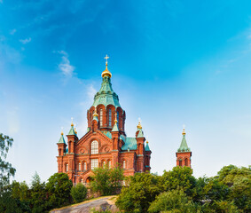 Fototapeta na wymiar Helsinki, Finland. Uspenski Cathedral On Hill At Summer Sunny Day. Red Church
