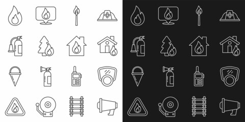 Set line Megaphone, Gas mask, Fire in burning house, Burning match with fire, forest tree, extinguisher, flame and icon. Vector