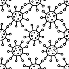 a pattern from the coronavirus virus. a seamless pattern of a hand-drawn microbe of a round shape with a texture of rays and dots in a flat style. isolated element black outline on white for design te