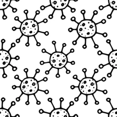 Fotobehang a pattern from the coronavirus virus. a seamless pattern of a hand-drawn microbe of a round shape with a texture of rays and dots in a flat style. isolated element black outline on white for design te © Анастасия Винтовкина
