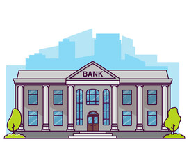Bank building line art. Flat cartoon style vector illustration.Financial house.