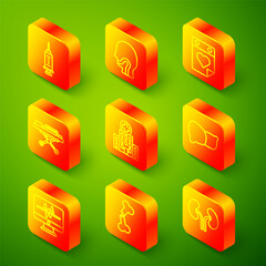 Set line Syringe, Sore throat, Doctor appointment, Stretcher, Medical hospital building, Human organ liver, Monitor with cardiogram and broken bone icon. Vector