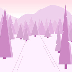 The image of a pink winter spruce forest against the backdrop of mountains.