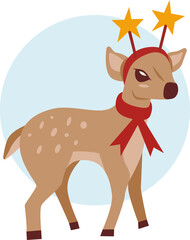 The image of a winter fawn in a scarf and funny horns on the white background