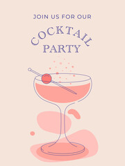 Cocktail glass icon invitation illustration, flat minimalistic design. Invitation for cocktail party