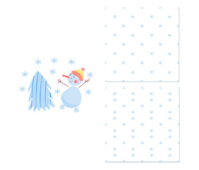 Cute snowman and tree. Two simple seamless patterns for childish clothes, surface design. Vector illustration.