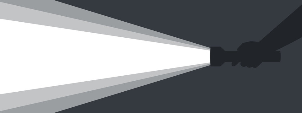Flashlight in hand. Background with a flashlight for advertising. Ray of light from a flashlight. Vector illustration