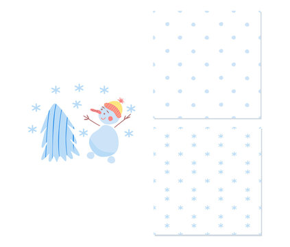 Cute snowman and tree. Two simple seamless patterns for childish clothes, surface design. Vector illustration. © Tatiana