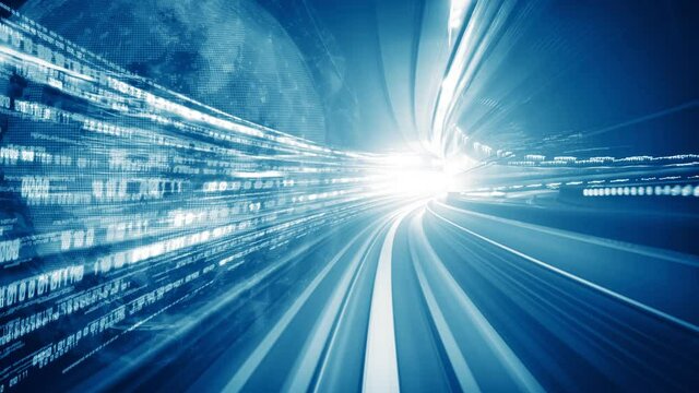 Loopable video of digital data flow on road in concept of program coding with graphic creating vision of fast speed transfer to show digital transformation , disruptive innovation . Seamless Loop .