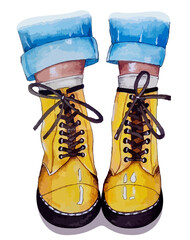 Watercolor yellow sneakers. Yellow traced shoes. Light summer bright boots. Grinders or Martins.