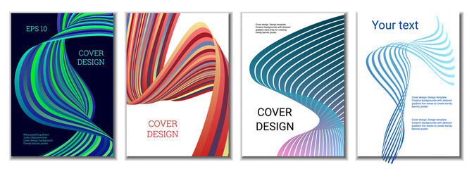 Obraz premium A set of 4 abstract covers. Wavy parallel gradient lines, ribbons evolve. Cover design, background. Trendy banner, poster.