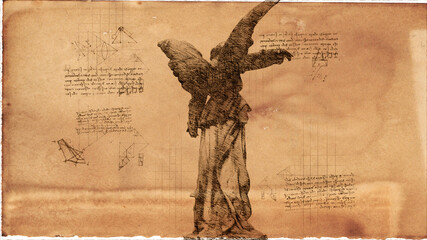 3d illustration - woman angel with wings  drawing in style of Leonardo Da Vinci.