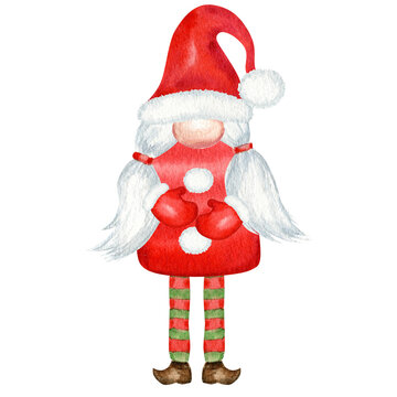Watercolor Christmas gnome, Red Santa Claus girl Hand painted New year illustration isolated on white background. Little santa helper for new year tag, package, card, xmas decor, poster