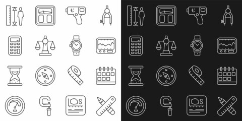 Set line Crossed ruler and pencil, Calendar, Measuring instrument, Digital thermometer, Scales of justice, Calculator, height body and Wrist watch icon. Vector