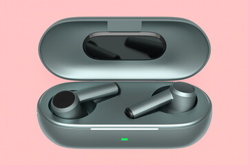 3D rendering of wireless earphones for workouts or listening streaming services