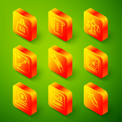 Set line Weight, Measuring cup, Scales of justice, Diagonal measuring, Construction bubble level, Clock, Diameter and Area measurement icon. Vector