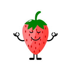 Cute strawberry character meditating. Strawberry mascot meditating.