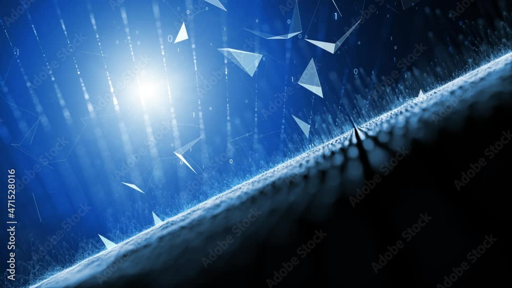 Poster abstract 3d digital glowy waves lines in cyberspace with glowing light and geometric triangles detai