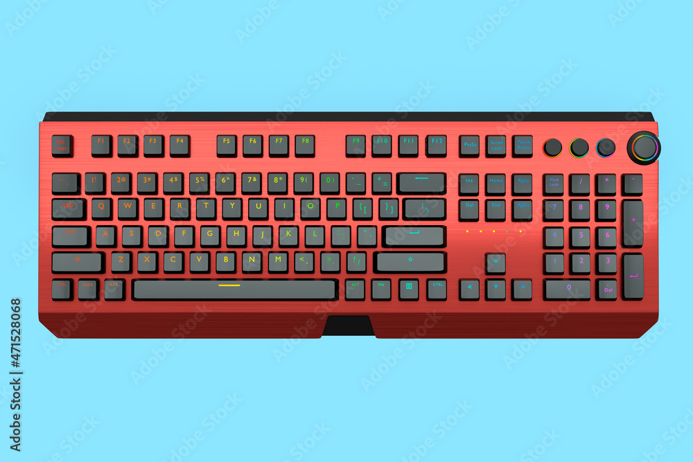 Poster red computer keyboard with rgb colors isolated on blue background.