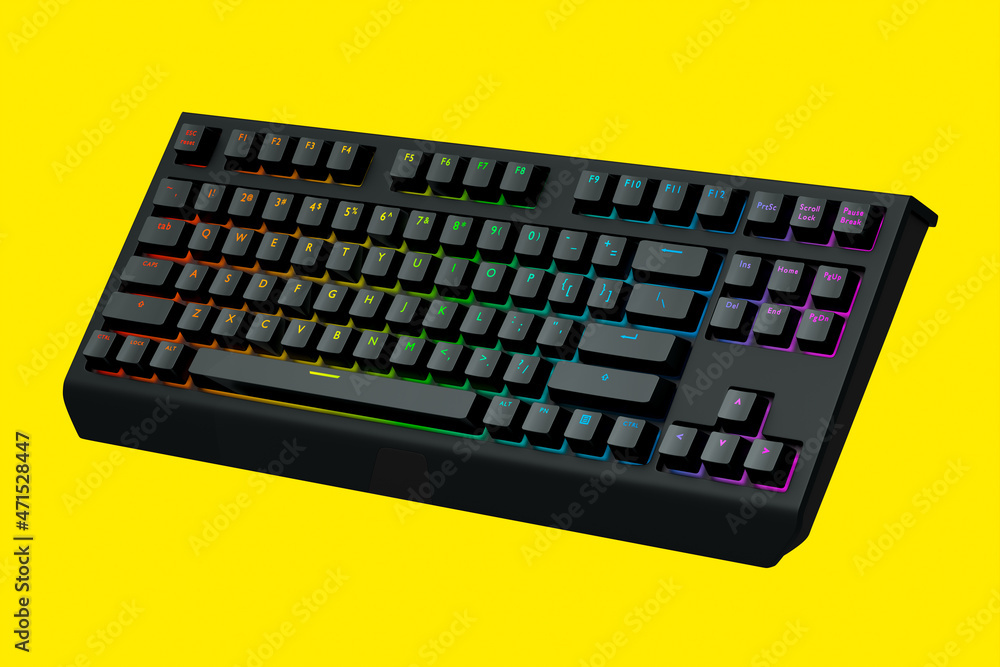 Poster black computer keyboard with rgb colors isolated on yellow background.